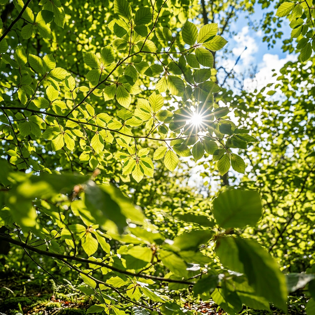 Green leaves with sunlight shining through on a bright day